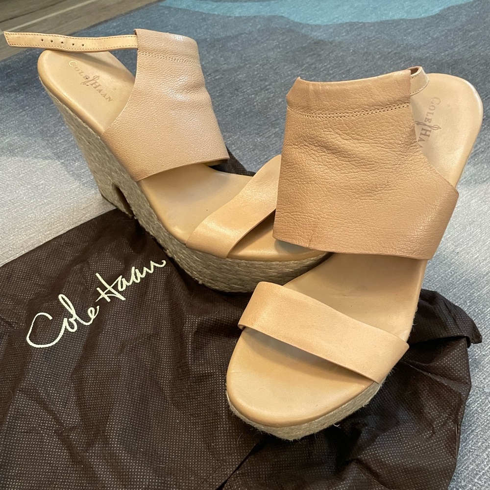 “Cole Haan” Nike Air jute and leather wedge sandals, size 10